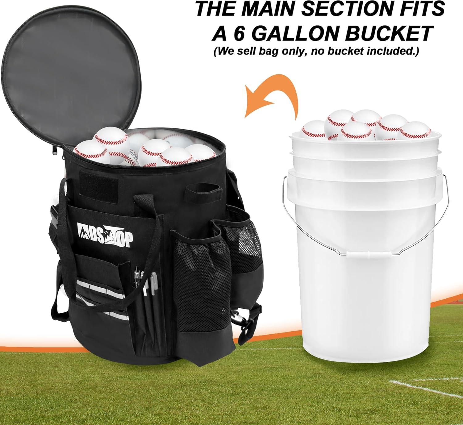 imageMDSTOP Baseball Bucket Bag Baseball Coach Accessories Storage Pouch Softball Bucket Bag Nonslip Bottom Multiple Pockets for Bats Caps Water Cups Gloves and ScoreboardsBlack
