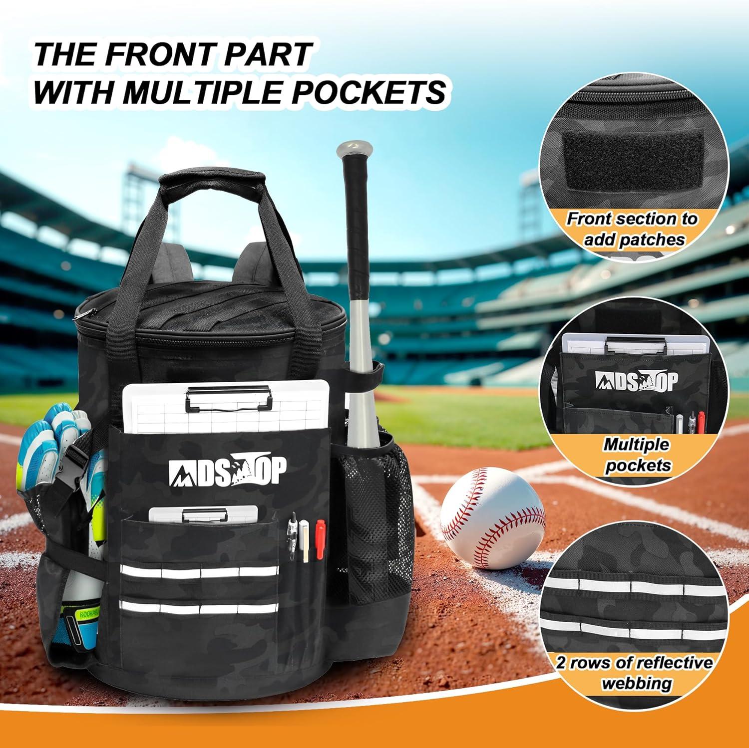 imageMDSTOP Baseball Bucket Bag Baseball Coach Accessories Storage Pouch Softball Bucket Bag Nonslip Bottom Multiple Pockets for Bats Caps Water Cups Gloves and ScoreboardsBlack Camo