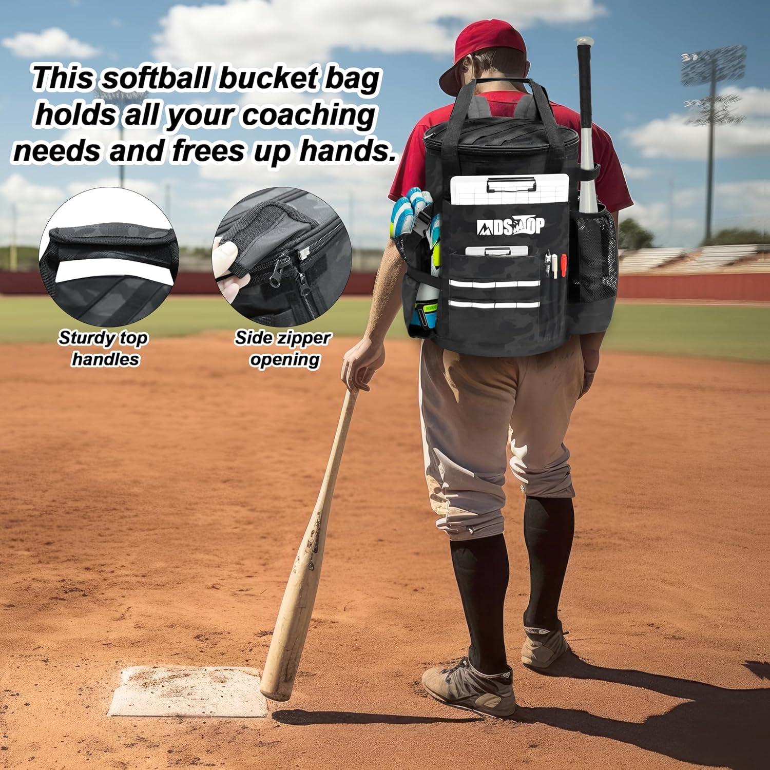 imageMDSTOP Baseball Bucket Bag Baseball Coach Accessories Storage Pouch Softball Bucket Bag Nonslip Bottom Multiple Pockets for Bats Caps Water Cups Gloves and ScoreboardsBlack Camo