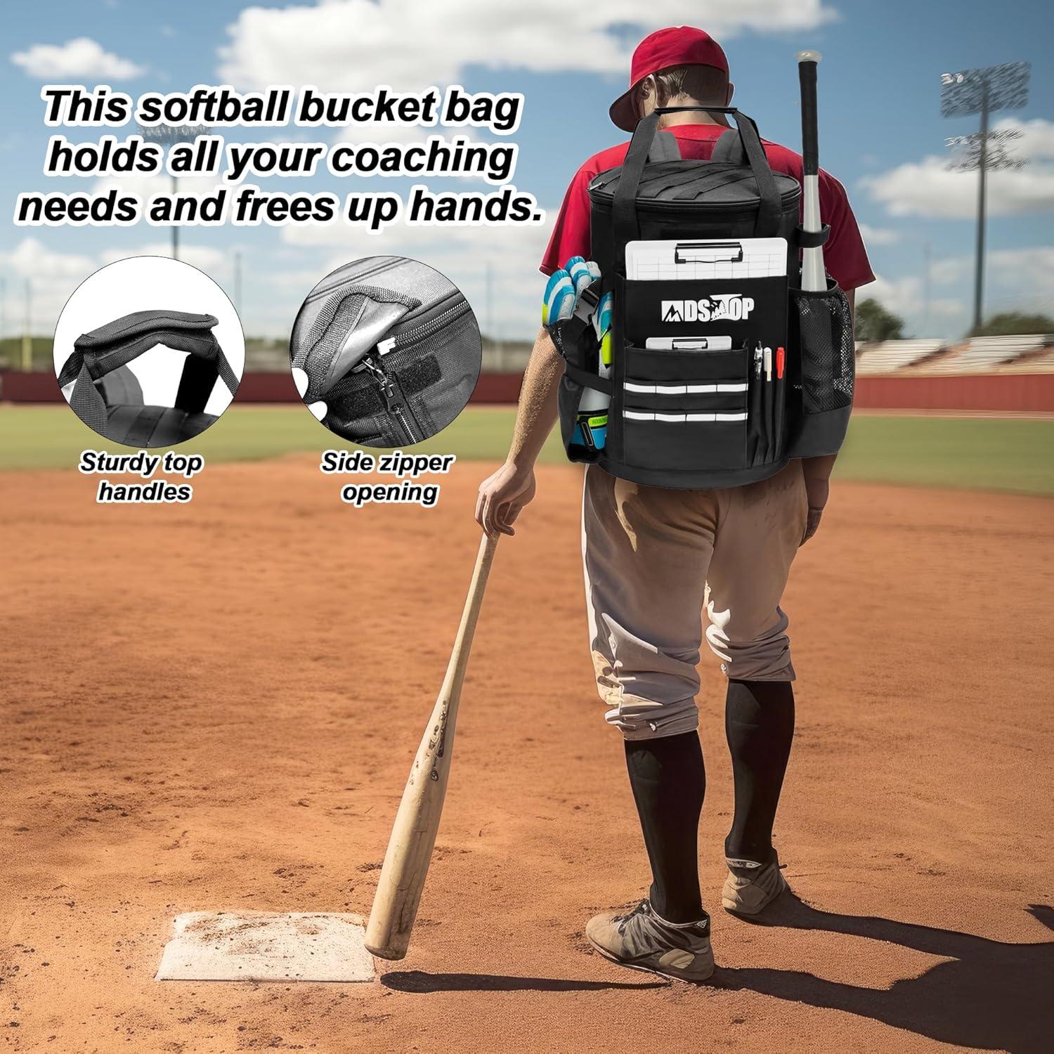 imageMDSTOP Baseball Bucket Bag Baseball Coach Accessories Storage Pouch Softball Bucket Bag Nonslip Bottom Multiple Pockets for Bats Caps Water Cups Gloves and ScoreboardsBlack