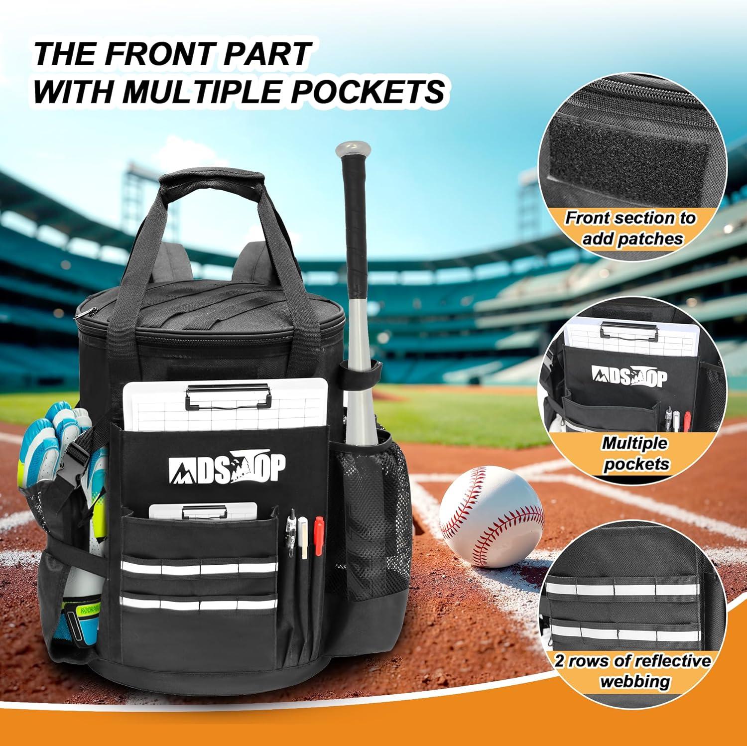 imageMDSTOP Baseball Bucket Bag Baseball Coach Accessories Storage Pouch Softball Bucket Bag Nonslip Bottom Multiple Pockets for Bats Caps Water Cups Gloves and ScoreboardsBlack