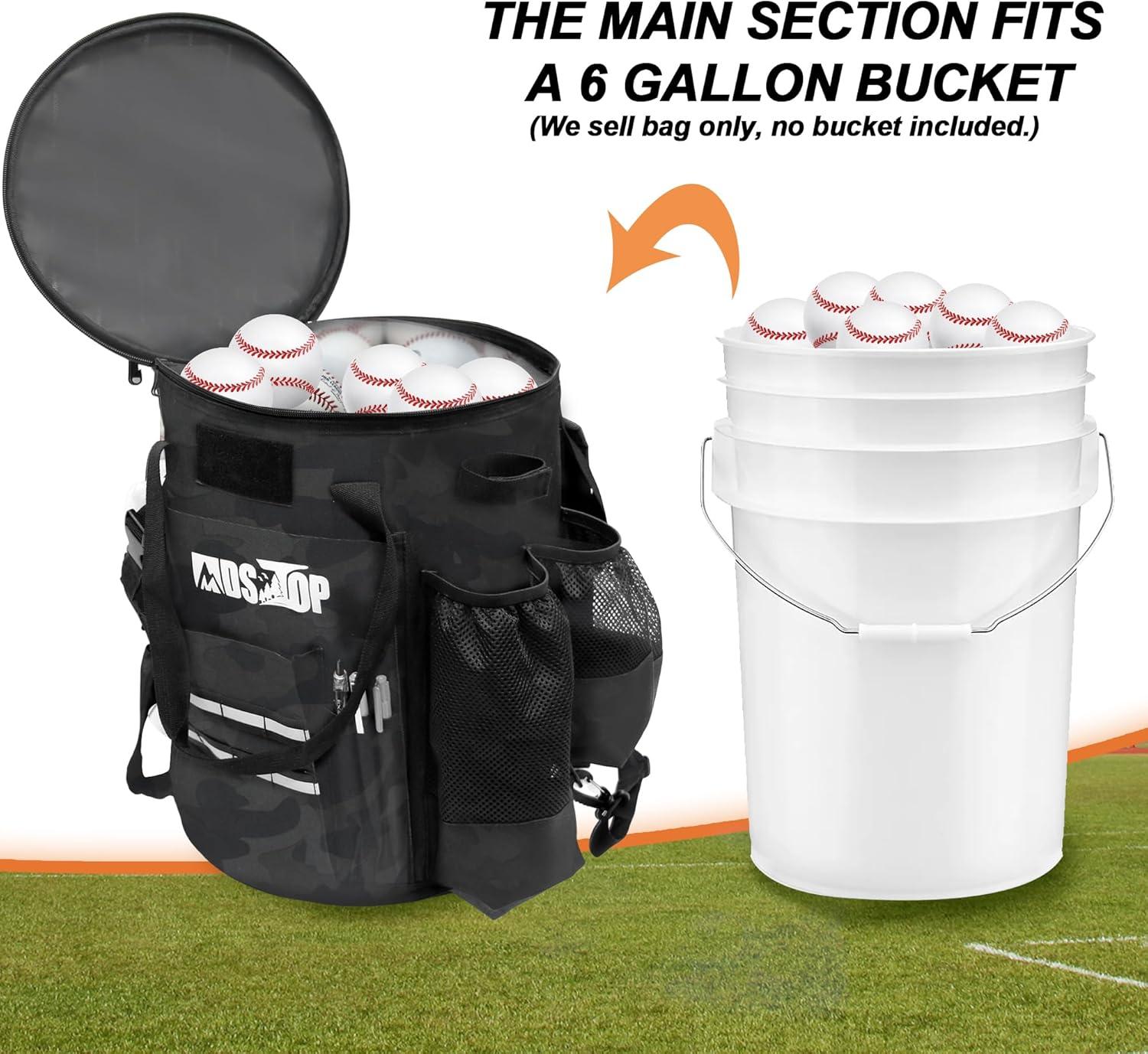 imageMDSTOP Baseball Bucket Bag Baseball Coach Accessories Storage Pouch Softball Bucket Bag Nonslip Bottom Multiple Pockets for Bats Caps Water Cups Gloves and ScoreboardsBlack Camo