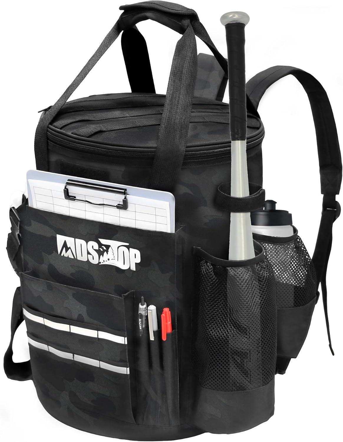imageMDSTOP Baseball Bucket Bag Baseball Coach Accessories Storage Pouch Softball Bucket Bag Nonslip Bottom Multiple Pockets for Bats Caps Water Cups Gloves and ScoreboardsBlack