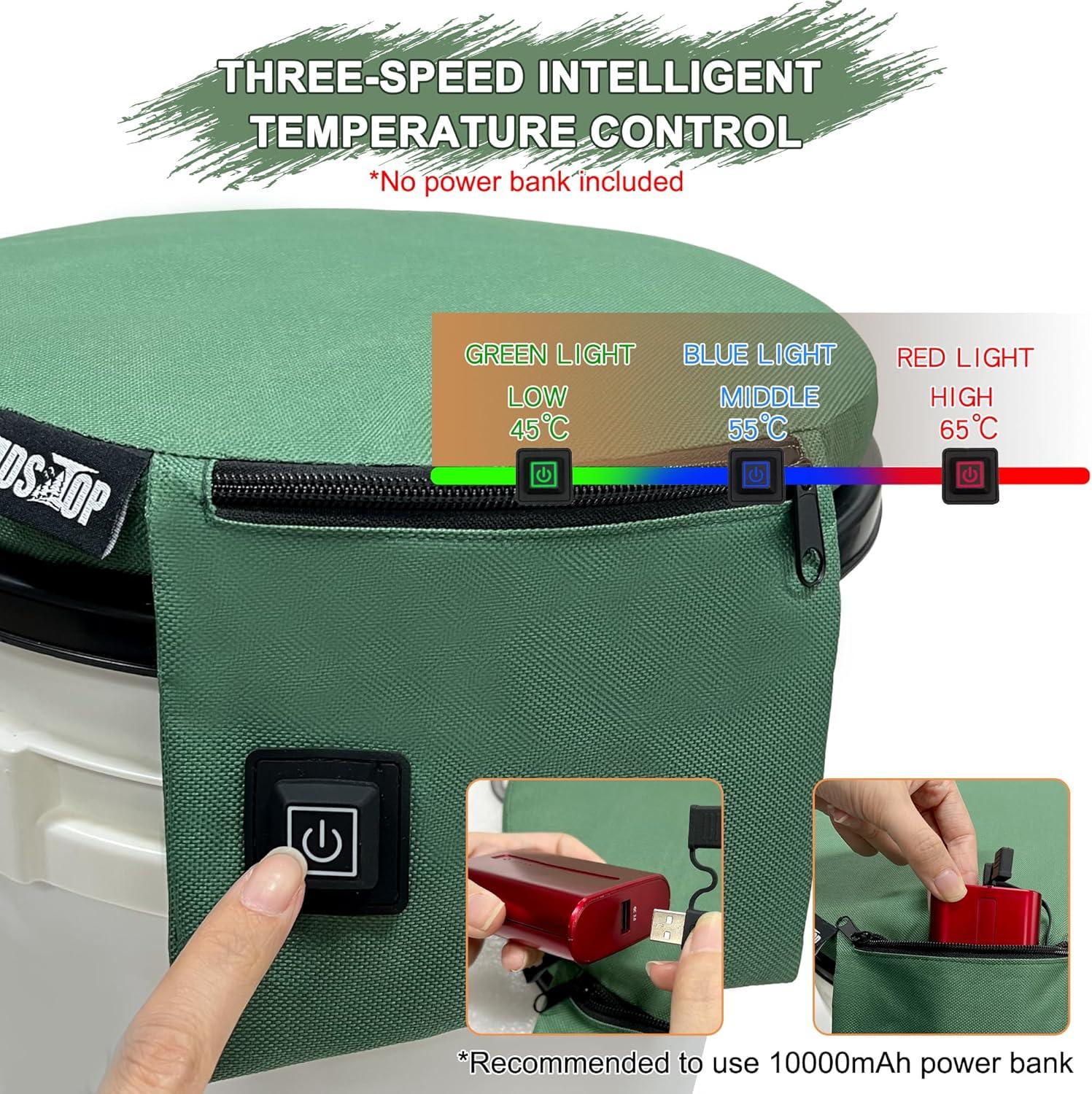 imageMDSTOP Heated 5 Gallon Bucket Seat 360Degree Swivel Bucket Seat Lid Waterproof Top Seat Foam Cushion for Dove Duck Hunting Ice Fishing Baseball Gardening CampingNo Power BankGreen