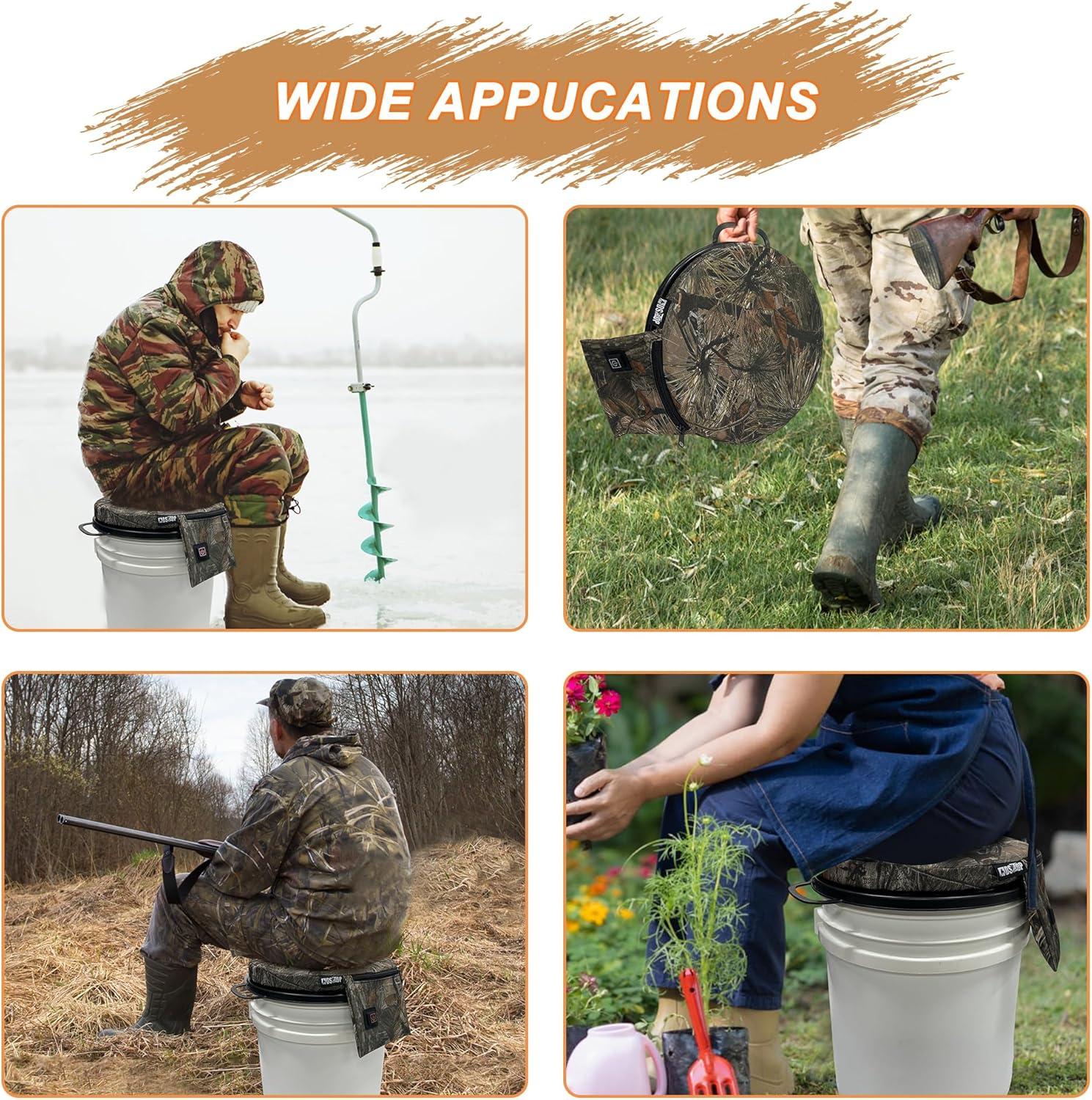 imageMDSTOP Heated 5 Gallon Bucket Seat 360Degree Swivel Bucket Seat Lid Waterproof Top Seat Foam Cushion for Dove Duck Hunting Ice Fishing Baseball Gardening CampingNo Power BankPine Needle Camo