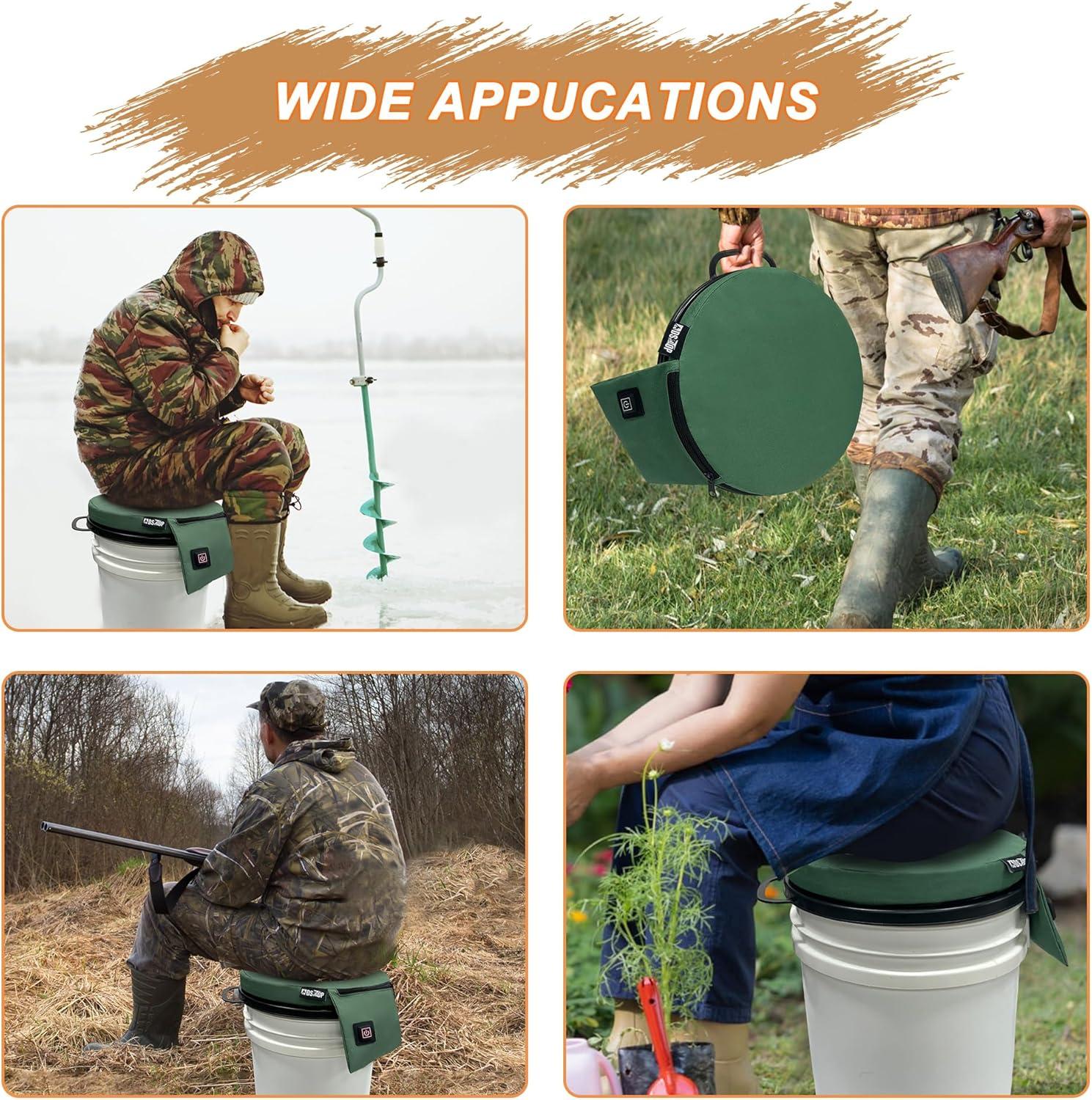 imageMDSTOP Heated 5 Gallon Bucket Seat 360Degree Swivel Bucket Seat Lid Waterproof Top Seat Foam Cushion for Dove Duck Hunting Ice Fishing Baseball Gardening CampingNo Power BankGreen