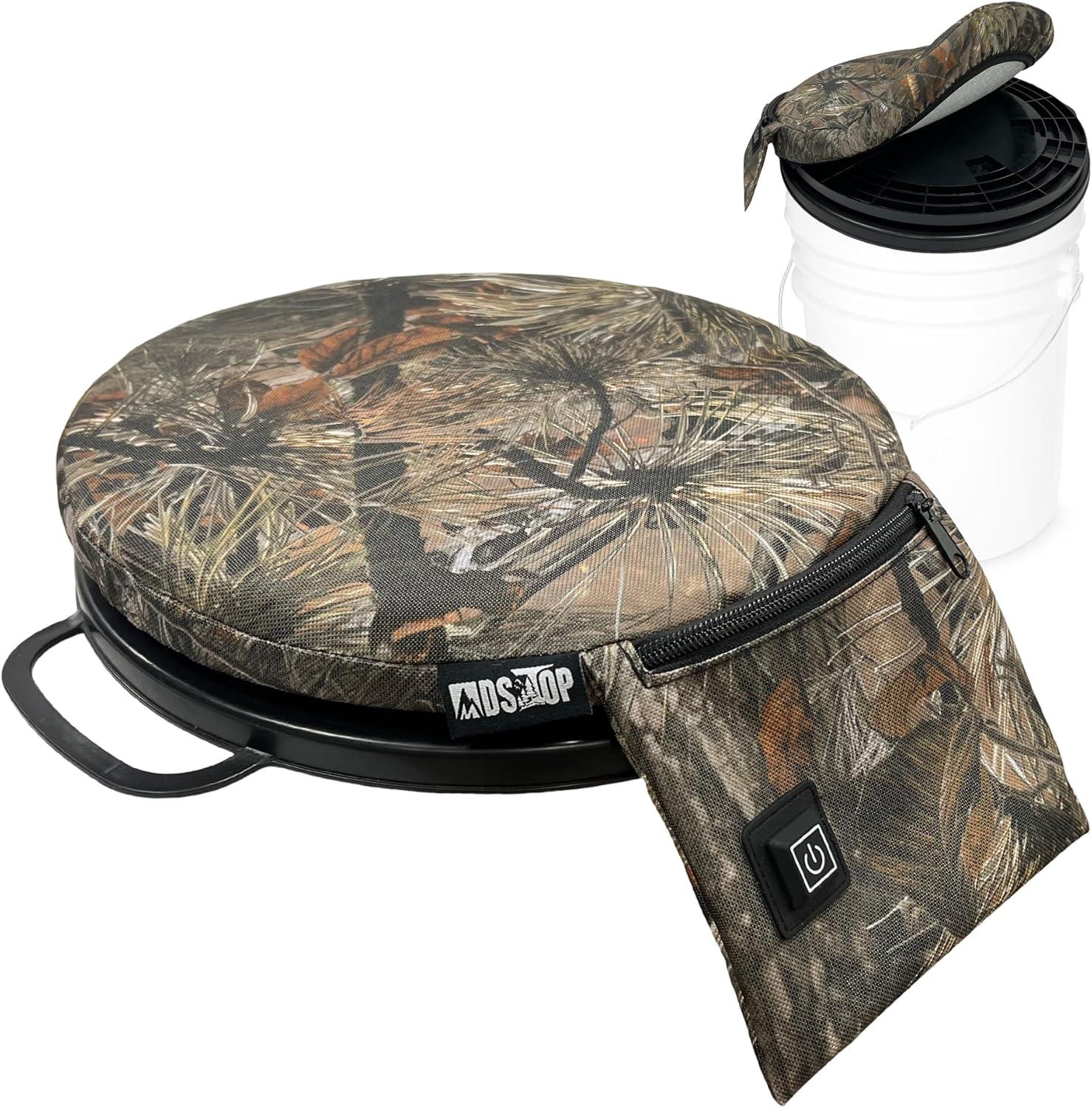 imageMDSTOP Heated 5 Gallon Bucket Seat 360Degree Swivel Bucket Seat Lid Waterproof Top Seat Foam Cushion for Dove Duck Hunting Ice Fishing Baseball Gardening CampingNo Power BankPine Needle Camo