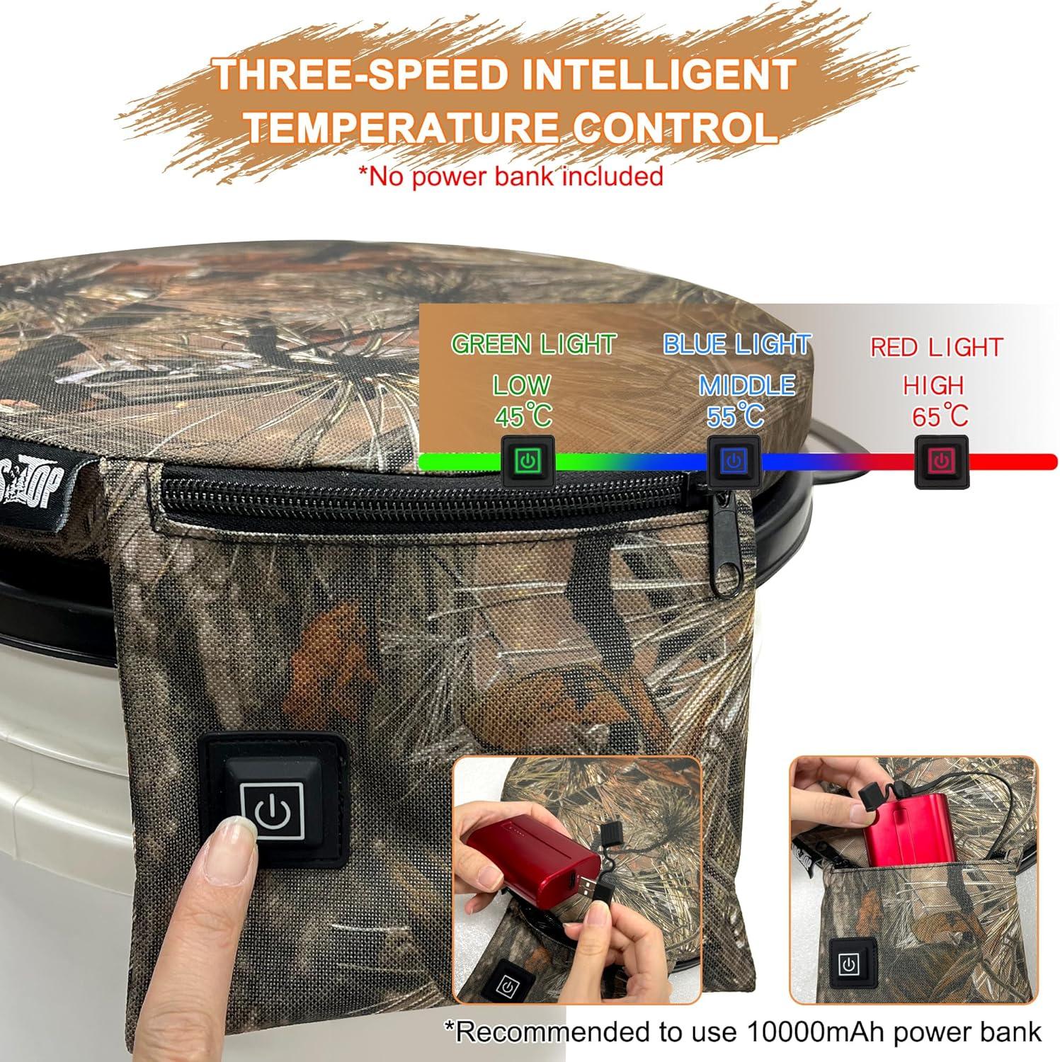 imageMDSTOP Heated 5 Gallon Bucket Seat 360Degree Swivel Bucket Seat Lid Waterproof Top Seat Foam Cushion for Dove Duck Hunting Ice Fishing Baseball Gardening CampingNo Power BankPine Needle Camo