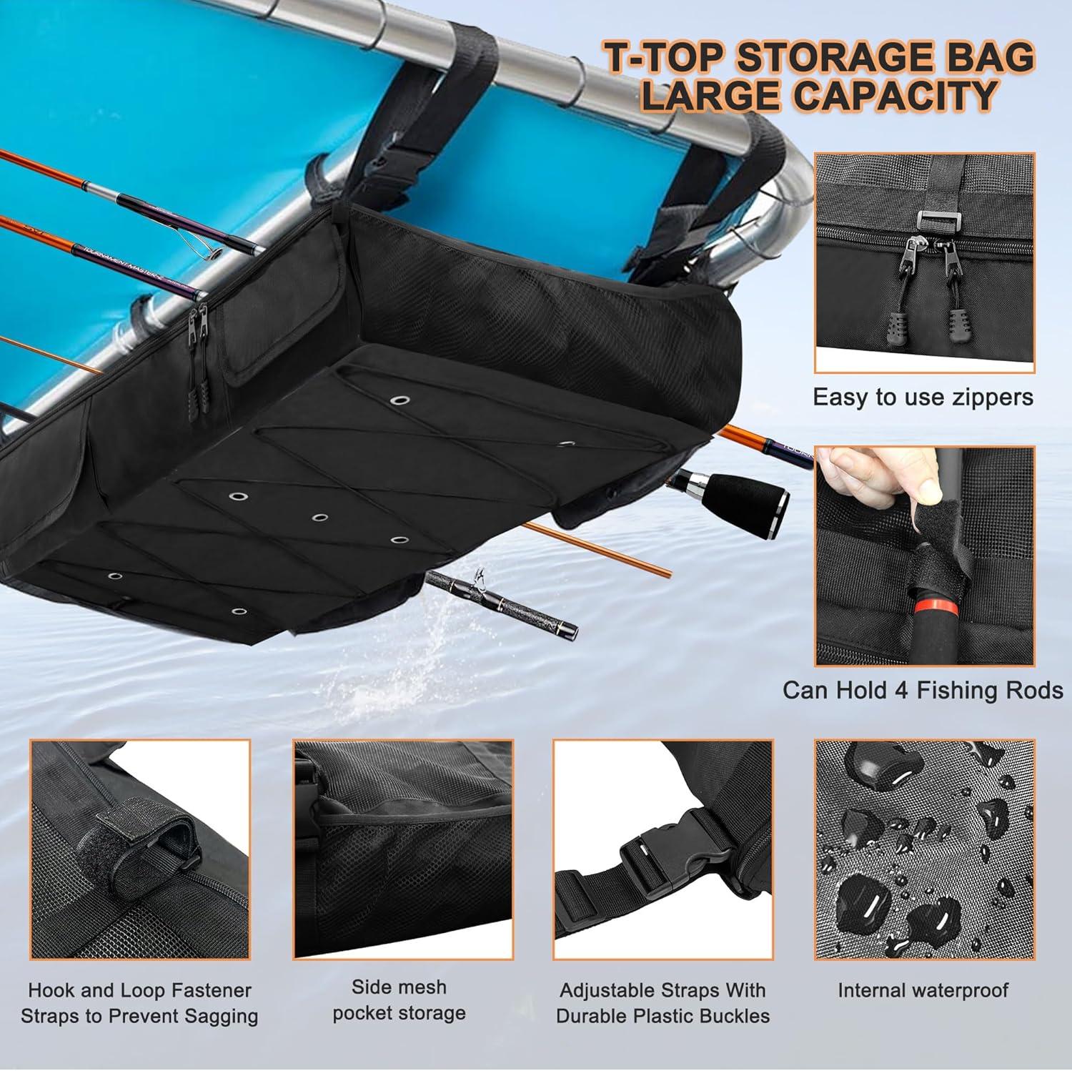 imageMDSTOP TTop Storage Bag Boat Life Jackets Bag Can Secure 4 Fishing Rods Hold 6 Type II Life Jackets For Most TTop Hard Tops BiminiTops Pontoon TopsLife Jackets not IncludedBlack1 L
