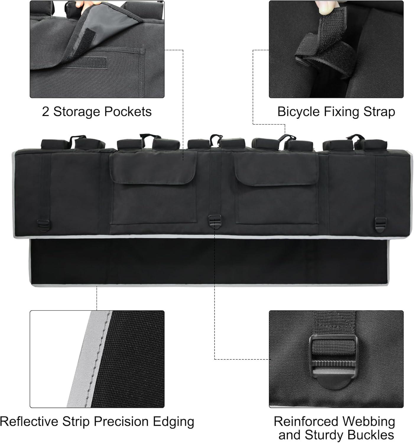 imageMDSTOP Tailgate Pad for Mountain Bike Truck Tailgate Bike Pad with Reflective StripsTool Pockets Backup Camera Opening MTB Tailgate Pad Carries Up to 5 Bikes EBikes BMXampampRoad Bikes Black LBlack