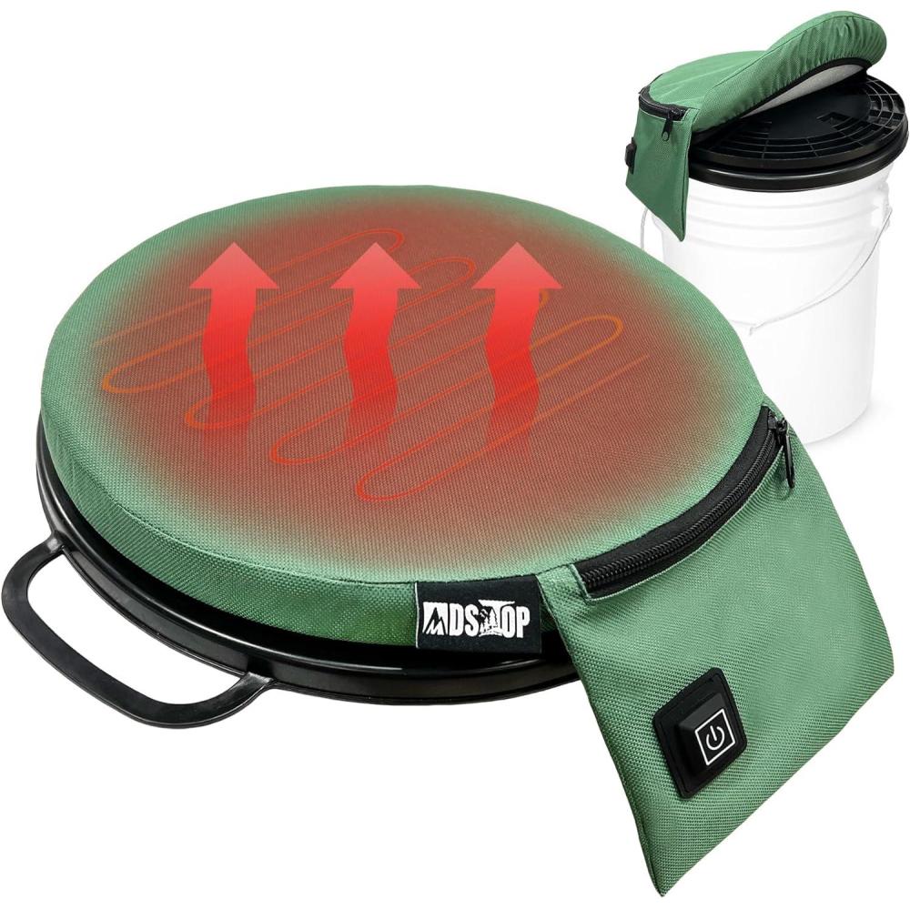 imageMDSTOP Heated 5 Gallon Bucket Seat 360Degree Swivel Bucket Seat Lid Waterproof Top Seat Foam Cushion for Dove Duck Hunting Ice Fishing Baseball Gardening CampingNo Power BankGreen