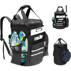 MDSTOP Baseball Bucket Bag, Baseball Coach Accessories Storage Pouch, Softball Bucket Bag, Non-slip Bottom, Multiple Pockets for Bats, Caps, Water Cups, Gloves and Scoreboards(Black)