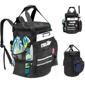 MDSTOP Baseball Bucket Bag, Baseball Coach Accessories Storage Pouch, Softball Bucket Bag, Non-slip Bottom, Multiple Pockets for Bats, Caps, Water Cups, Gloves and Scoreboards(Black Camo)
