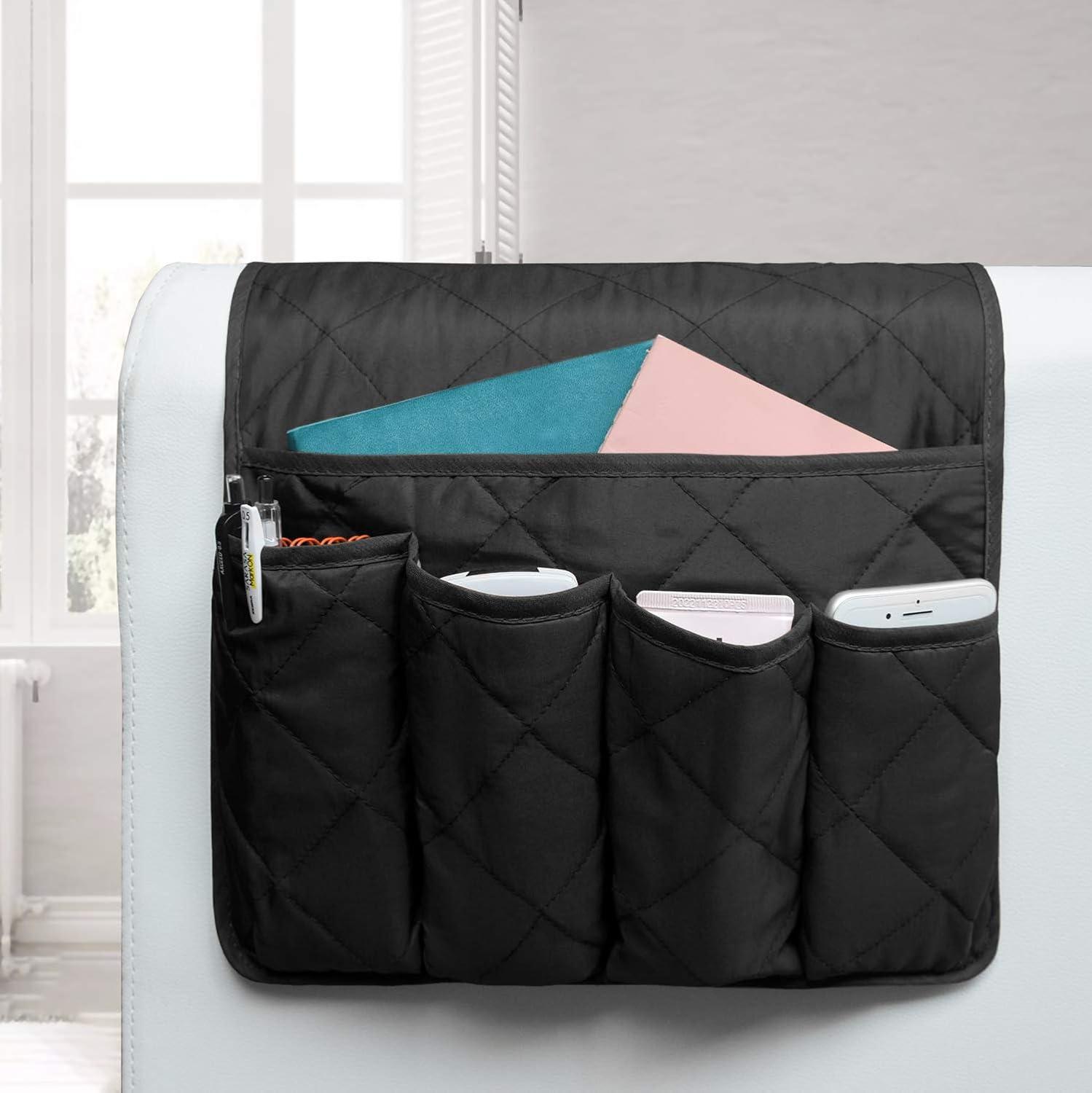 imageMDSTOP 5 Pockets Remote Control Holder Magazine Rack Space Saver Organizer Draped Over Sofa Couch Recliner ArmrestBlack