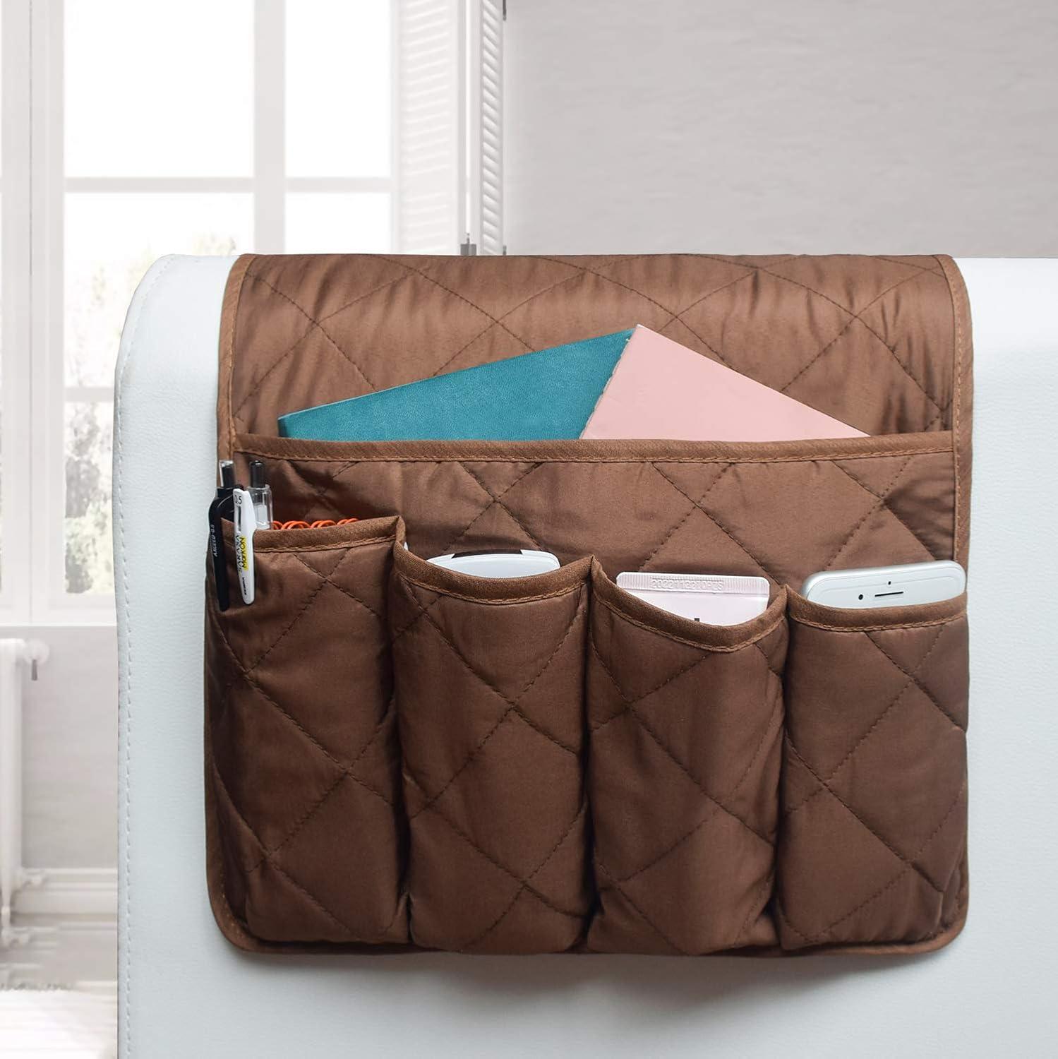 imageMDSTOP 5 Pockets Remote Control Holder Magazine Rack Space Saver Organizer Draped Over Sofa Couch Recliner ArmrestCoffee