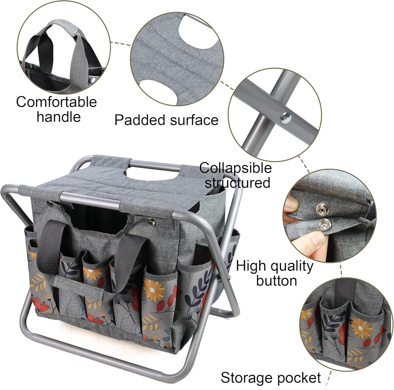 imageMDSTOP Folding Gardening Stool with Detachable Storage Tote Bag Gardening Tools Set Organizer for Fishing Outdoor Sports Hiking Camping Garden Gardening Gifts for MomDad Without Tools AluminumAluminum