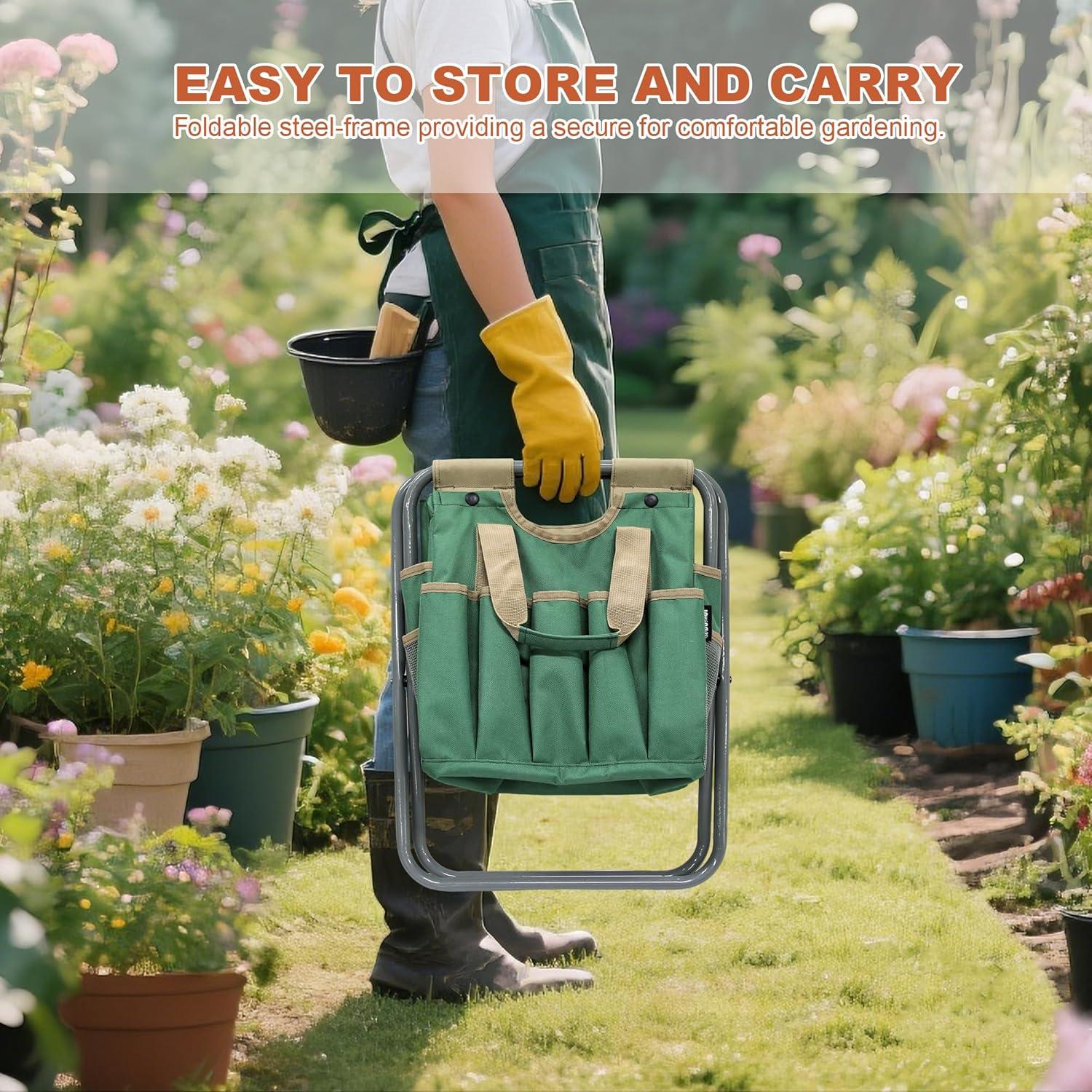 imageMDSTOP Folding Gardening Stool with Detachable Storage Tote Bag Gardening Tools Set Organizer for Fishing Outdoor Sports Hiking Camping Garden Gardening Gifts for MomDad Without Tools AluminumPolyester