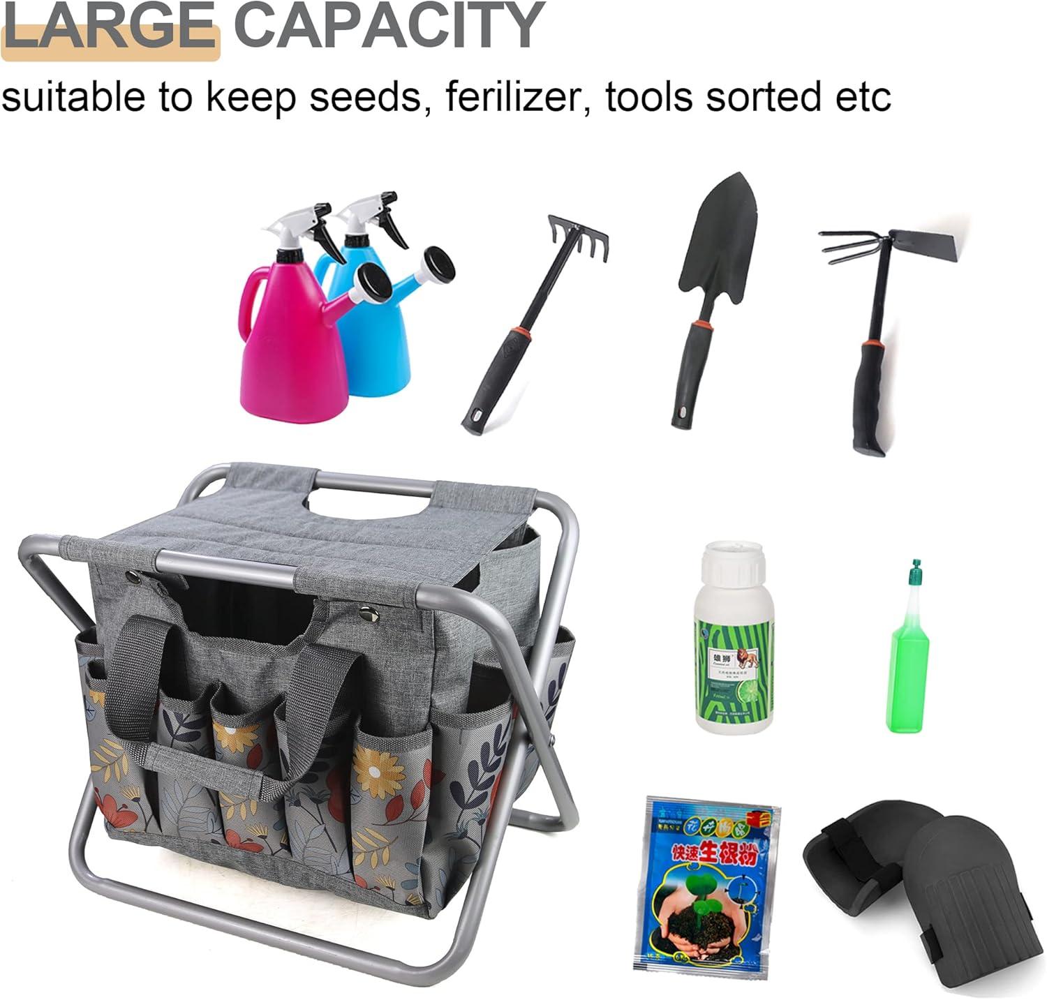 imageMDSTOP Folding Gardening Stool with Detachable Storage Tote Bag Gardening Tools Set Organizer for Fishing Outdoor Sports Hiking Camping Garden Gardening Gifts for MomDad Without Tools AluminumAluminum