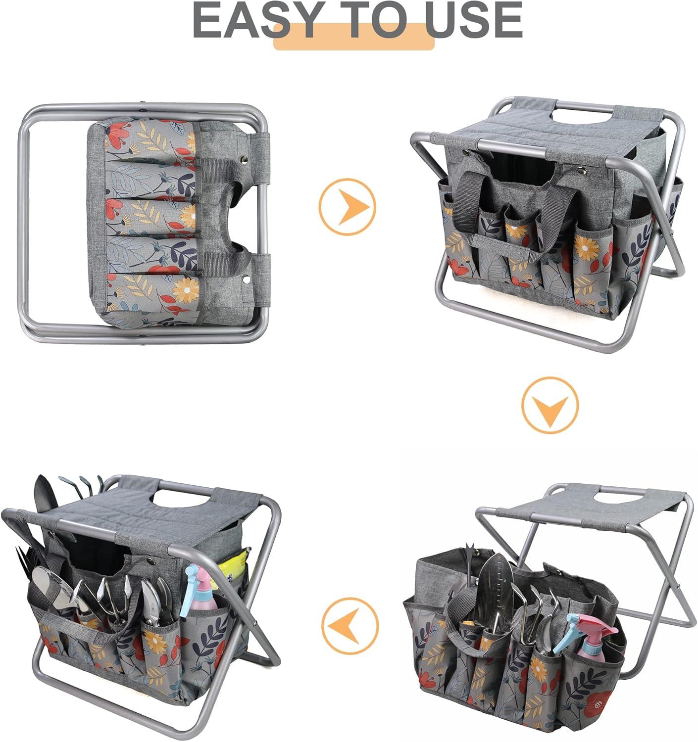 imageMDSTOP Folding Gardening Stool with Detachable Storage Tote Bag Gardening Tools Set Organizer for Fishing Outdoor Sports Hiking Camping Garden Gardening Gifts for MomDad Without Tools AluminumAluminum