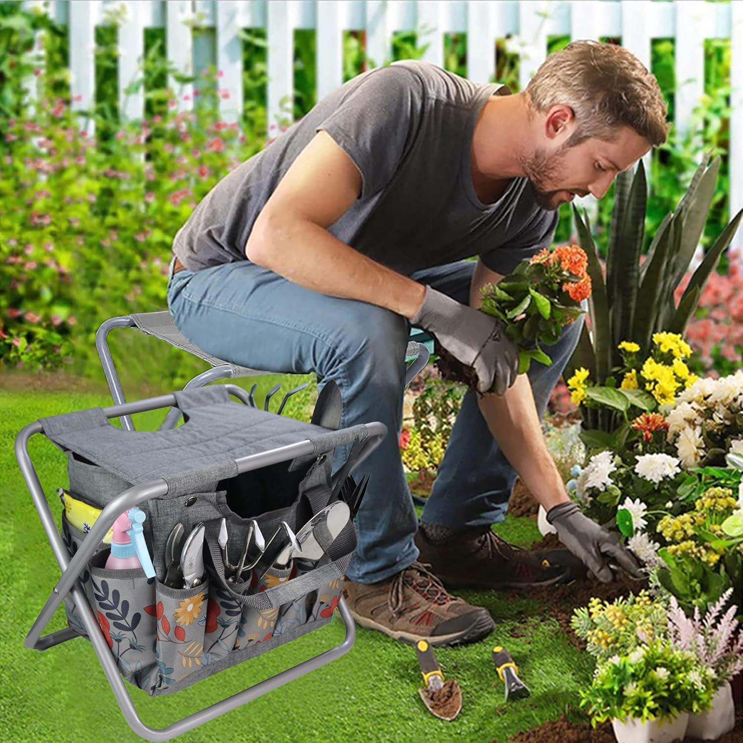 imageMDSTOP Folding Gardening Stool with Detachable Storage Tote Bag Gardening Tools Set Organizer for Fishing Outdoor Sports Hiking Camping Garden Gardening Gifts for MomDad Without Tools AluminumAluminum