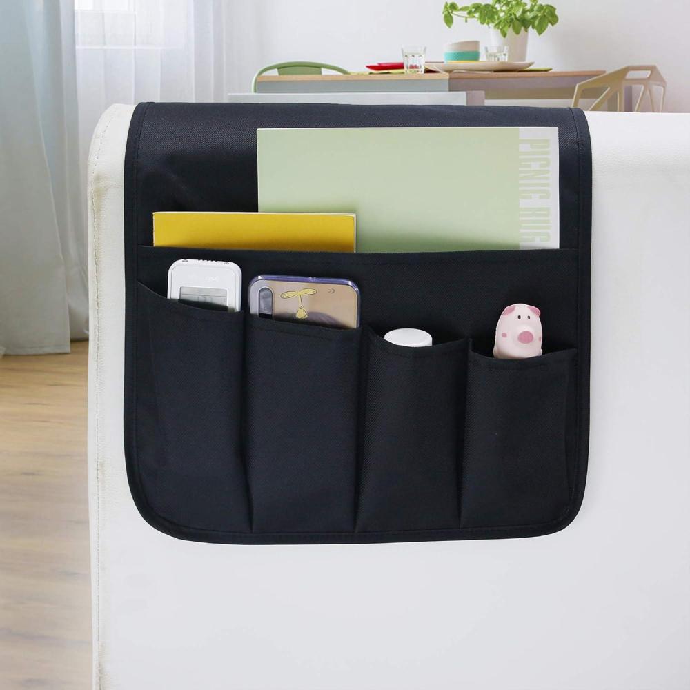 imageMDSTOP 5 Pockets Remote Control Holder Magazine Rack Space Saver Organizer Draped Over Sofa Couch Recliner ArmrestBlacktwill