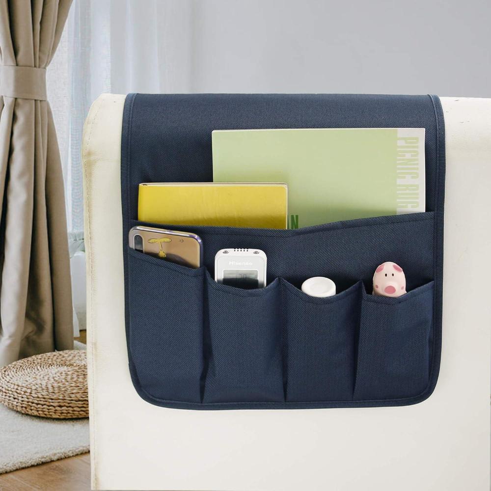 imageMDSTOP 5 Pockets Remote Control Holder Magazine Rack Space Saver Organizer Draped Over Sofa Couch Recliner ArmrestDarkbluetwill