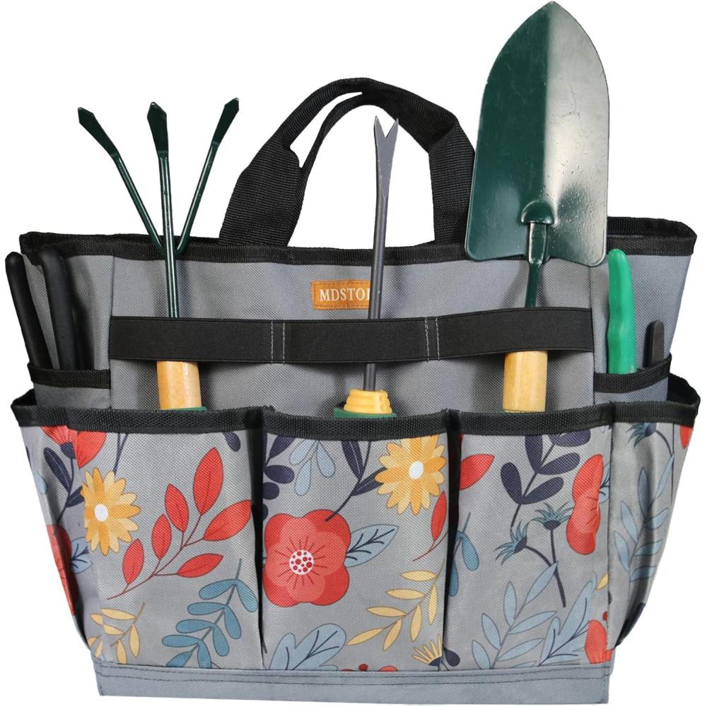 imageMDSTOP Garden Tool Bag Garden Tool Kit Holder Home Organizer Storage Carrier Oxford Garden Hand Tool Storage Tote Organizer with Handle and 8 Roomy Pockets Floral Gardening Gift Tools Not Included