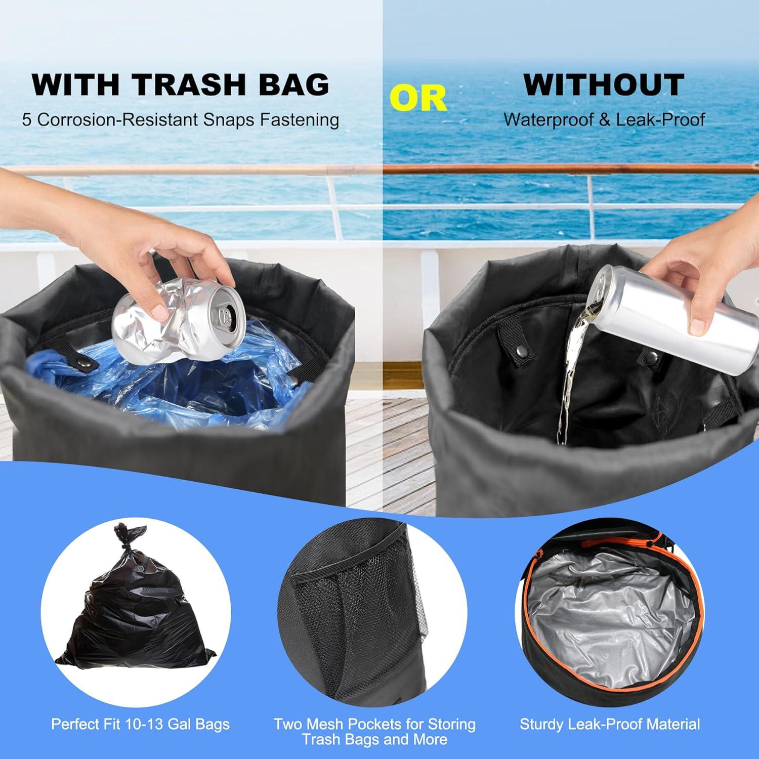 imageMDSTOP Portable Boat Trash Can Reusable Boat Garbage Bag Includes 1013 Gallon Garbage Bag Snaps Inside Odor ampamp Leak Resistant Pontoon Boat Accessories for Boating Camping Fishing Kayak RVBlack