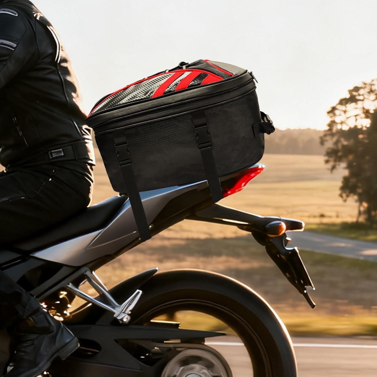 image:imageMDSTOP Motorcycle Tail Bag Dual Use Seat Helmet Bag Backpack with Waterproof Rain Cover 22L34L Expandable Motorcycle Rear Seat Bag BlackRed MBlackRed